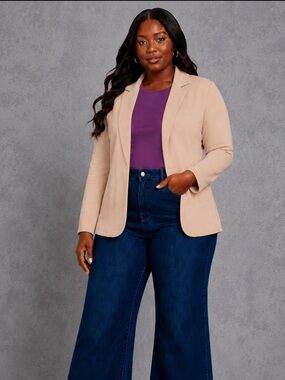 Beige Open-Front Women's Blazer Jacket